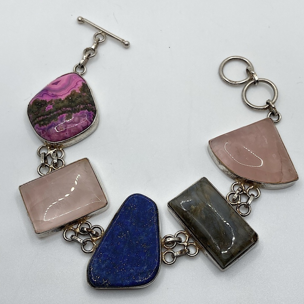 Huge Sterling Rose Quartz Labradorite Lapis Rhodonite Gemstone Bracelet 8” - 9”